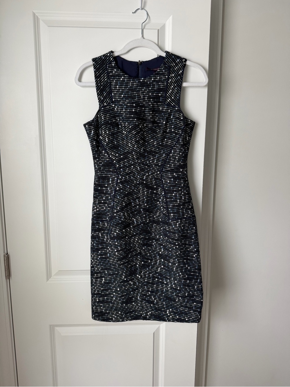 Rachel Roy Navy White Tweed Sheath Dress Size 0 Sleeveless Lined Zip Closure